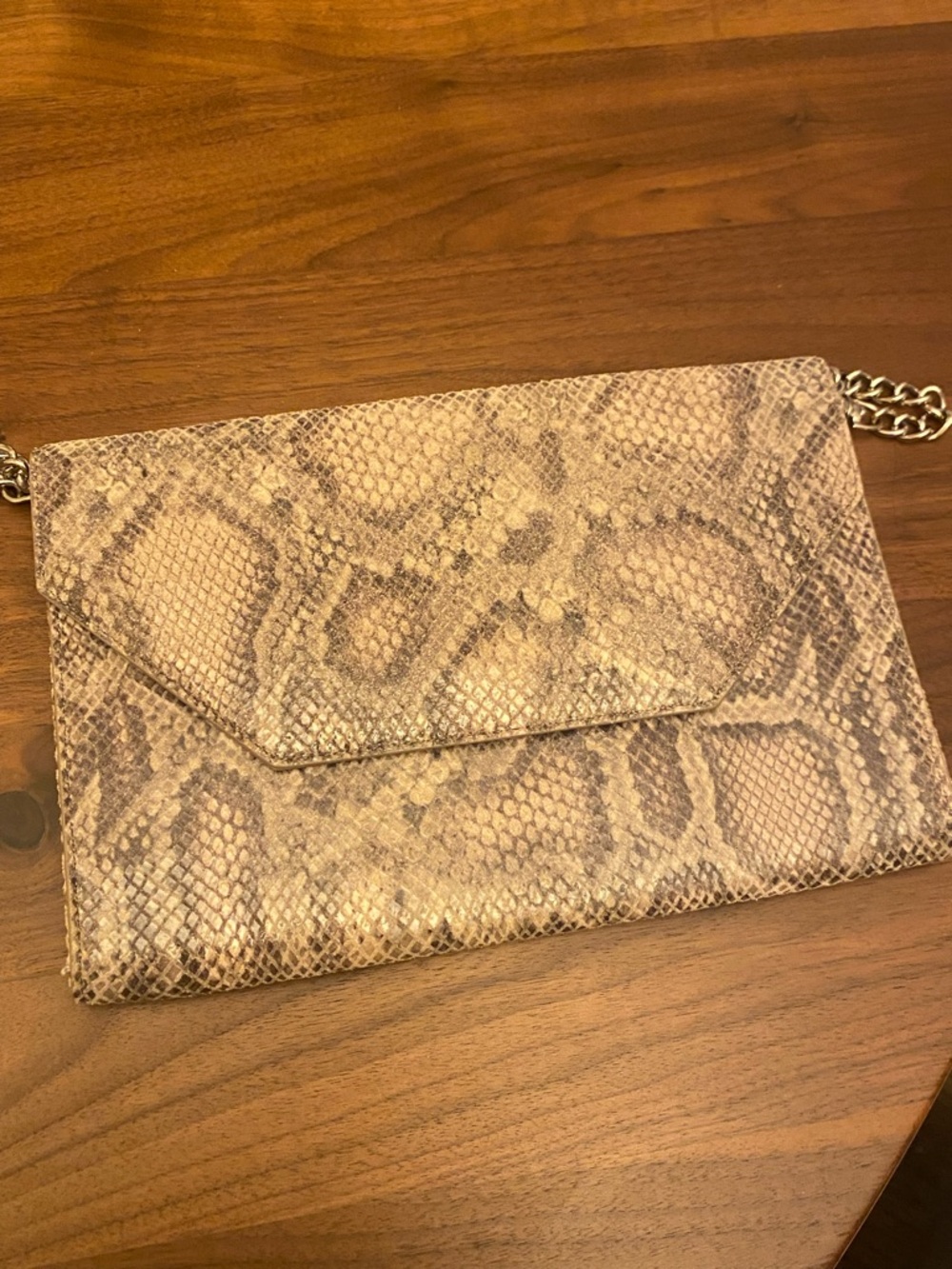 Halogen Snake-Print Envelope Clutch in Taupe and Beige with Gold Chain